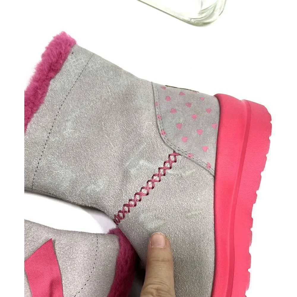 UGG Girls Knotty Boots Size 4 Youth Gray Suede Pink‎ Shearing Bow I heart